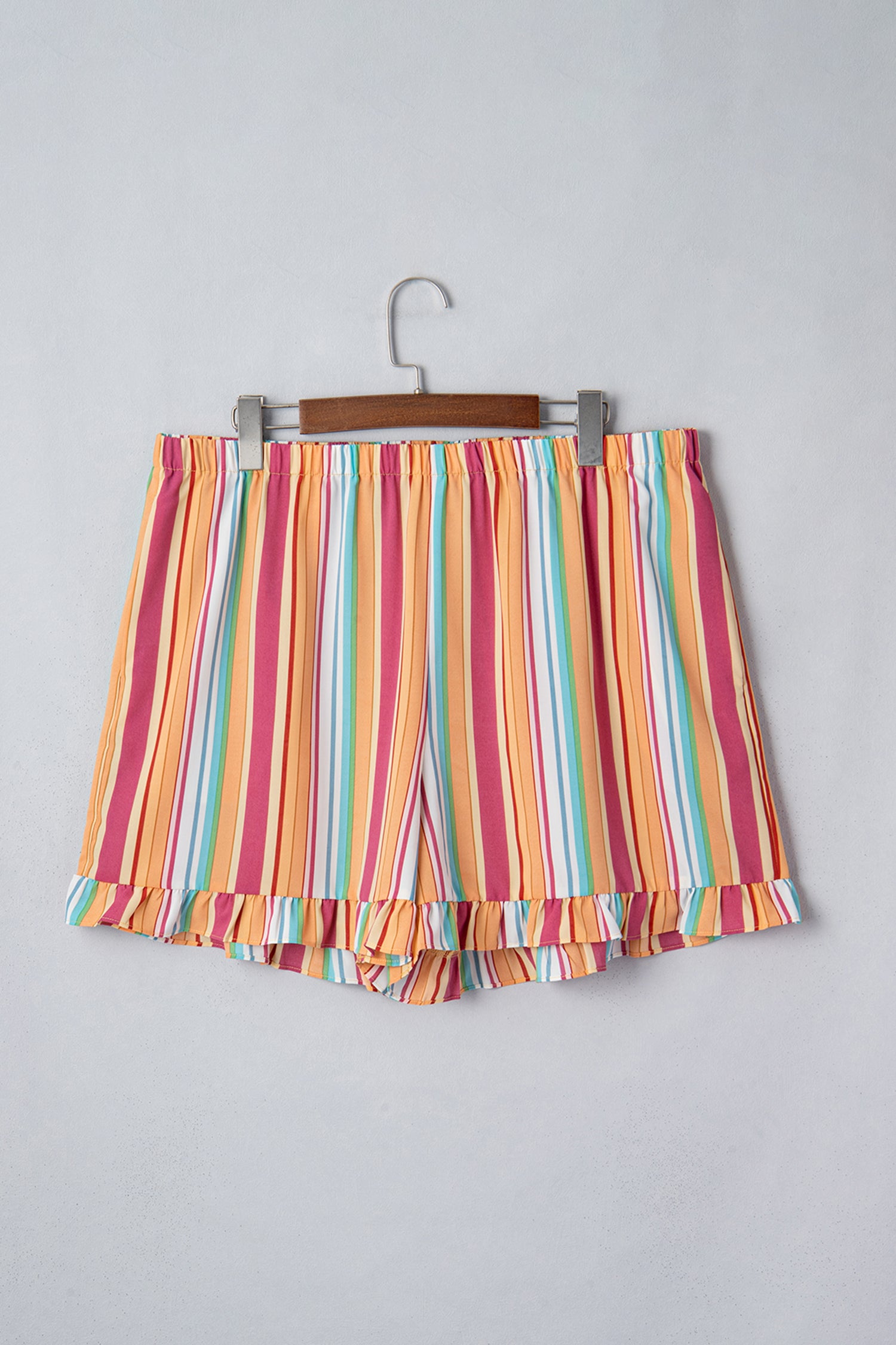 Plus Size Orange Stripe Ruffle Hem Shorts With Elastic Waste