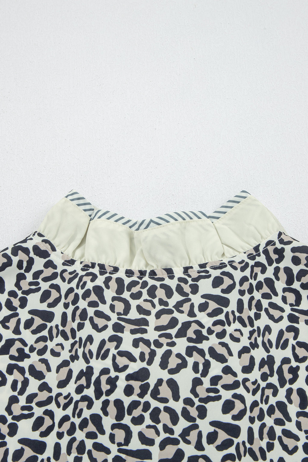Plus Size Black Frilled V-Neck Short Sleeve Blouse With Leopard Print & Striped Color Block Trim