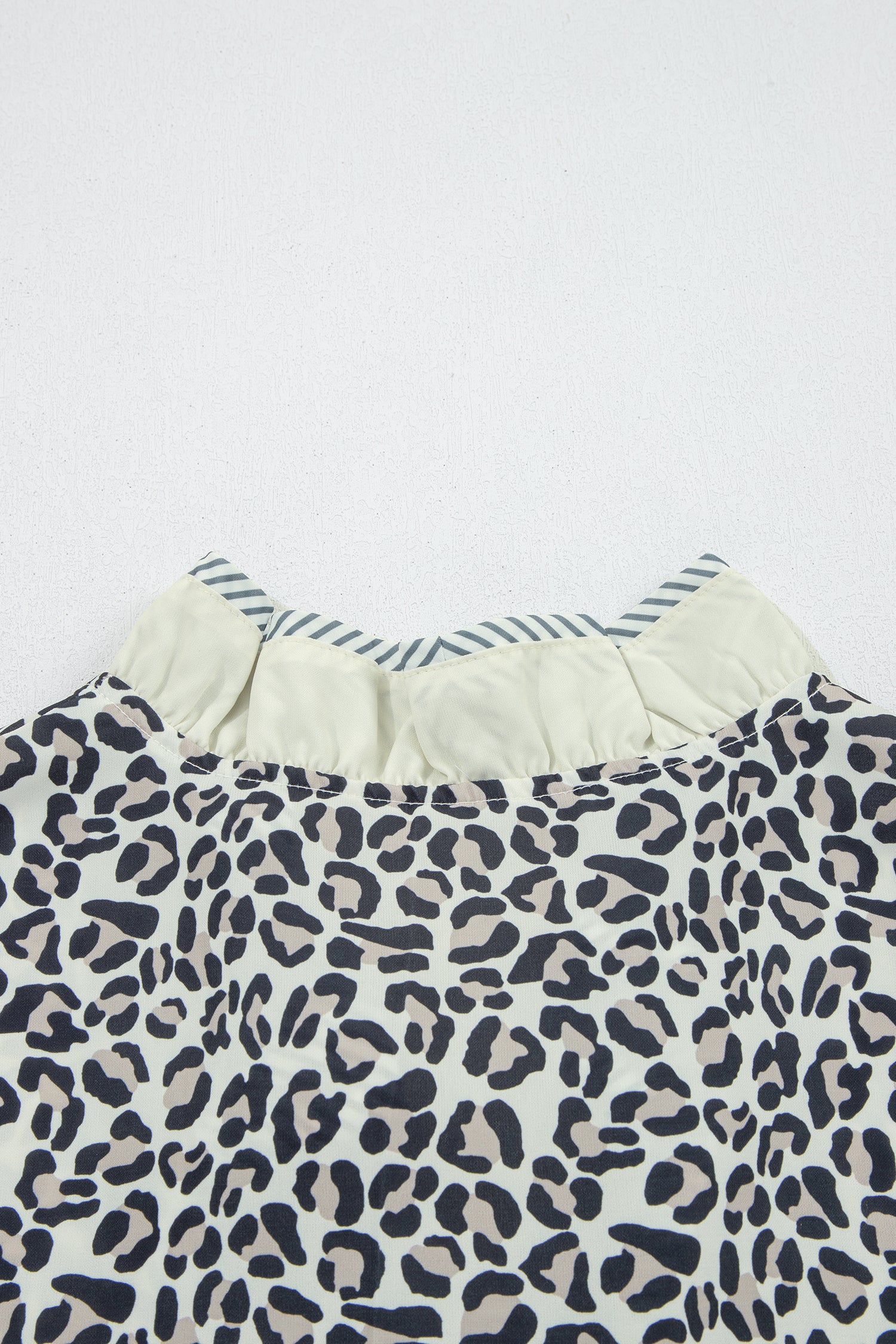 Plus Size Black Frilled V-Neck Short Sleeve Blouse With Leopard Print & Striped Color Block Trim