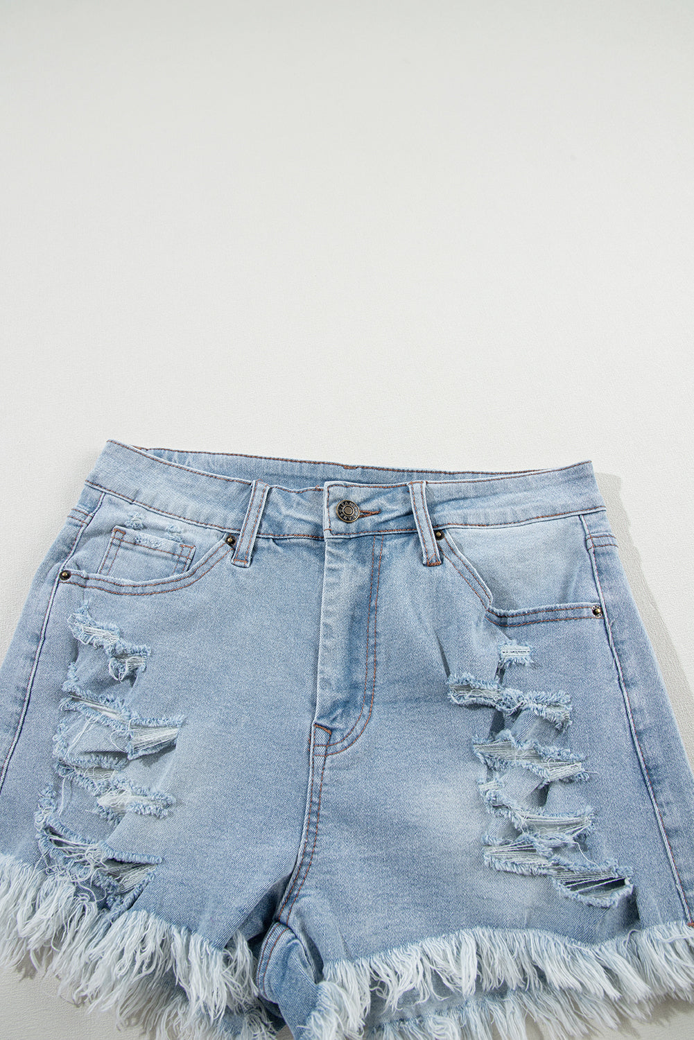 Light Blue High Waist Distressed Denim Shorts With Ripped Raw Hem