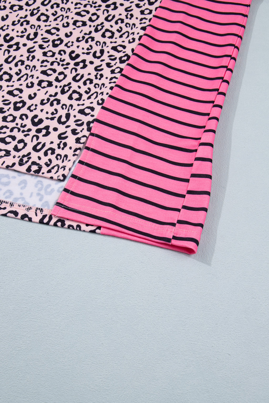 Plus Size Pink Leopard Print & Striped Contrast Patchwork Tee