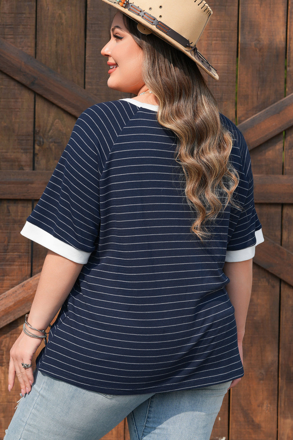 Plus Size Blue Stripe With Contrast Trim Ribbed T Shirt