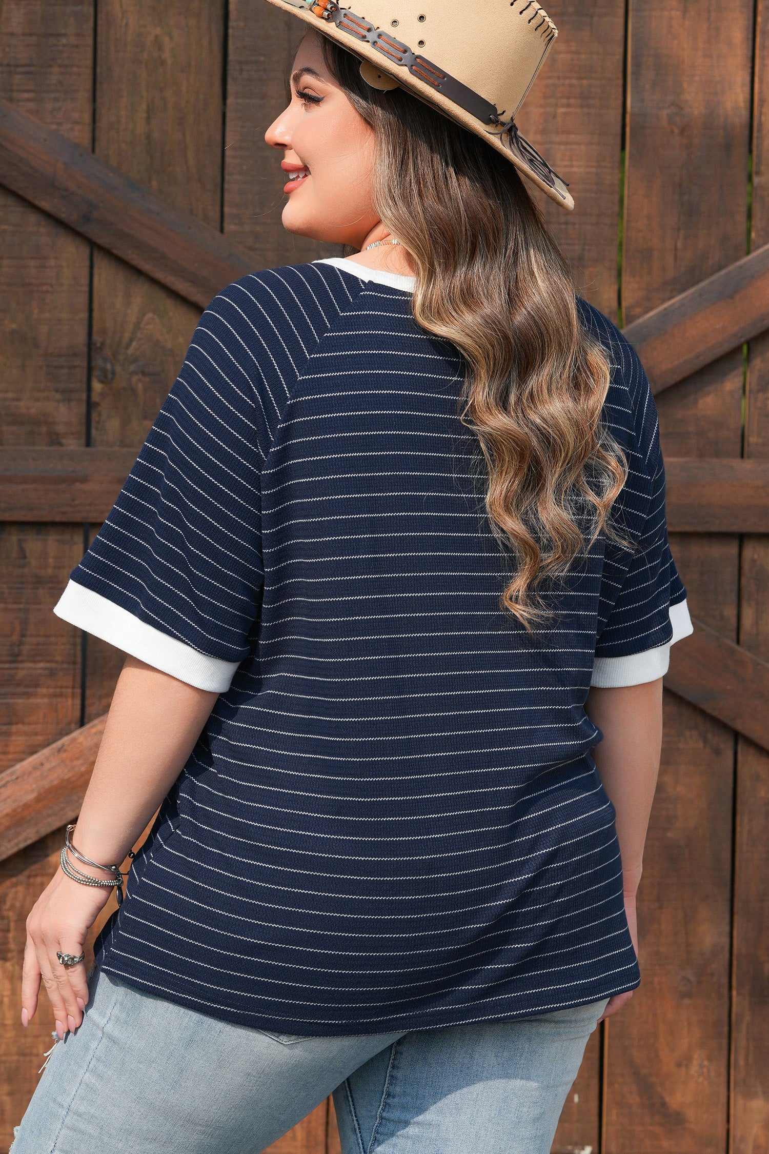 Plus Size Blue Stripe With Contrast Trim Ribbed T Shirt