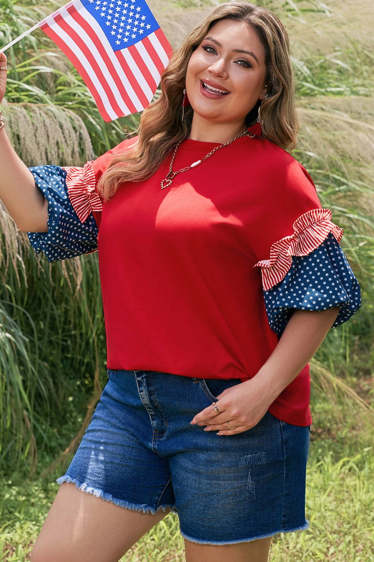 Plus Size Fiery Red Striped Ruffles Star Short Bubble Sleeve Patchwork Top
