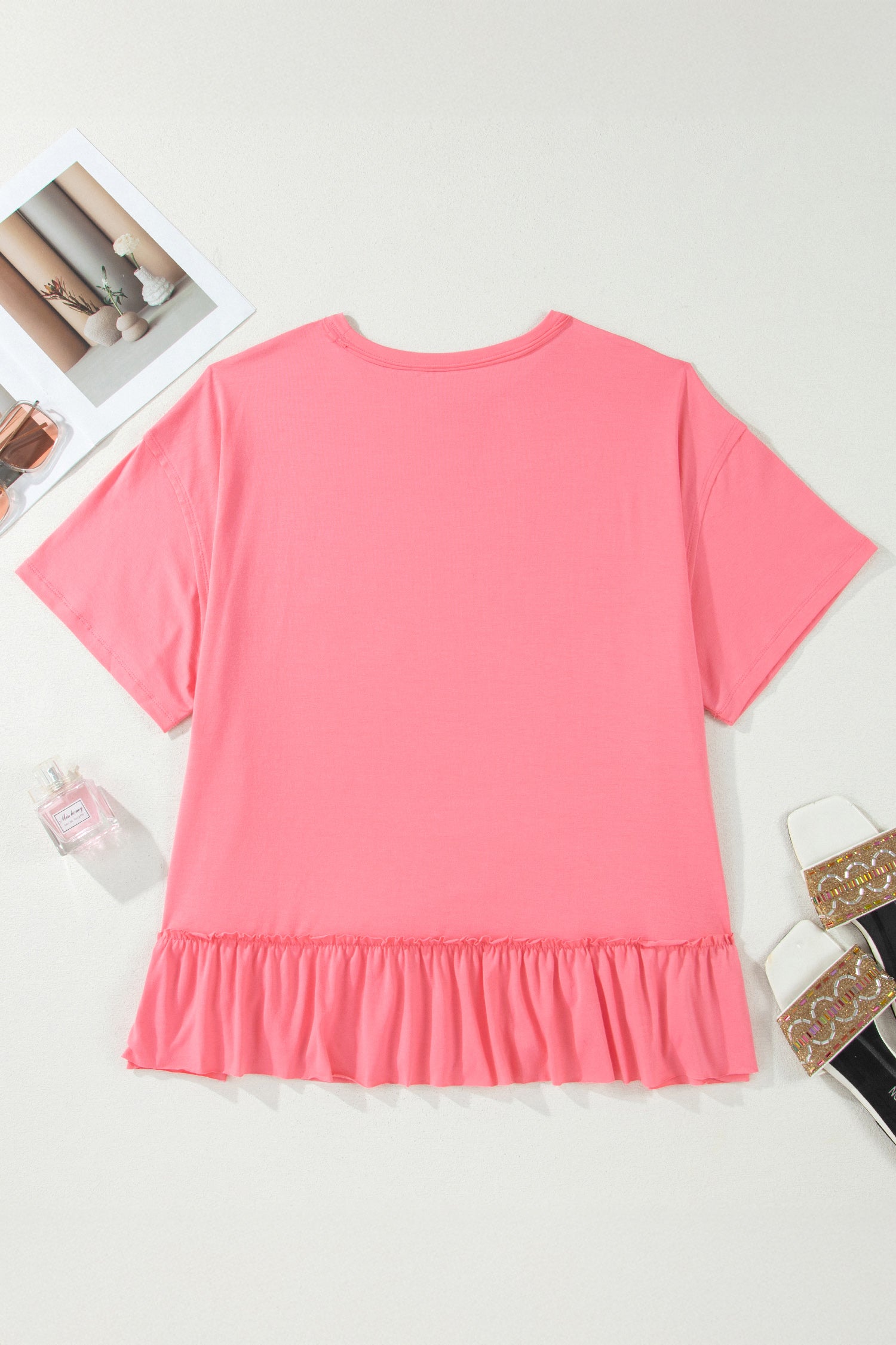 Plus Size Peach Blossom Tee With Raw Seam Detail & Ruffle Hem